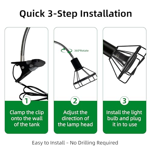 Reptile Heat Lamp Holder with Clamp, Ceramic Heat Emitter Fixture, Gooseneck for Terrarium, Lizard, Turtle, Bearded Dragon, 360-Degree Rotary Arm, High-Temperature Resistant, Maximum Load: 500W