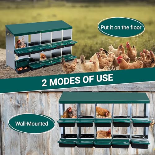 GarveeHome 2-Tier Chicken Nesting Box, 10 Compartment Metal Chicken Laying Boxes with Waterproof Roof ＆ Removable Trays for Hens, Poultry，Easy Egg Collection - color: Green, size: 54.9"L x 17.7"W x 8.1"H