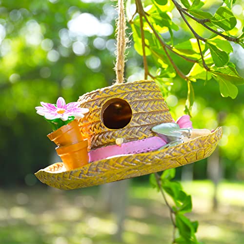 Yinns Birdhouse Hanging Decorative Bird House for Outside Garden Decor, Hat | Hanging Decorative Straw Hat Bird House Home Patio Garden Decor for Humming Bird, Bluebird, Wren Nesting - color: C-Straw Hat