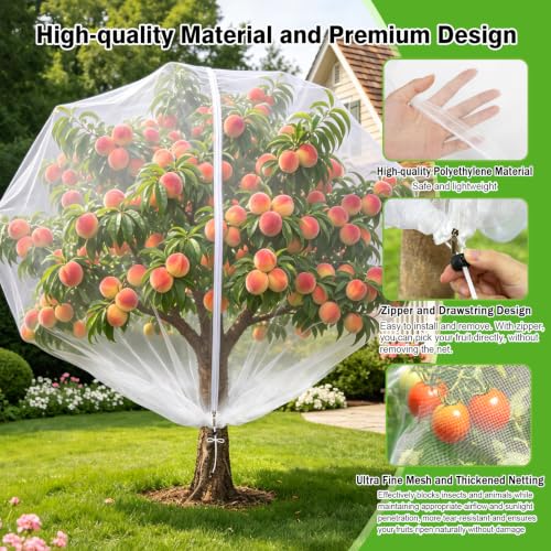 4PCS 10Ft × 10Ft Fruit Tree Netting with Zipper and Drawstring, 60 Mesh Thickened Garden Bird Netting for Blueberry Bushes, Fruits, Vegetables, Insect Bird Barrier Mesh Protective Cover - size: 10Ft × 10Ft