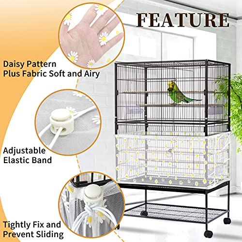 Daoeny Large Bird Cage Cover, Bird Cage Seed Catcher, Adjustable Soft Nylon Mesh Net with Daisy Pattern, Birdcage Cover Skirt Seed Guard for Parrot Parakeet Macaw Round Square Cages (White) - color: White, Daisy Design