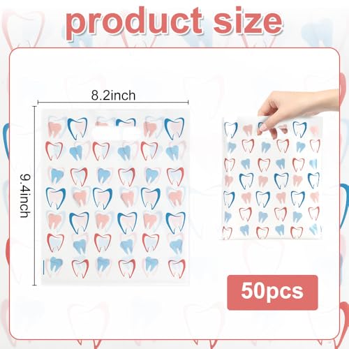 eowqeiur Dental Goodie Bags(8.2x9.4 Inch) 50 PCS Plastic Tooth Gifts Goody Snack Treat Cookie Bags with Handle Dental Assistant Must Haves Office Supplies Toothbrush Patients Hygiene Bag Bulk - color: 50 tooth bags