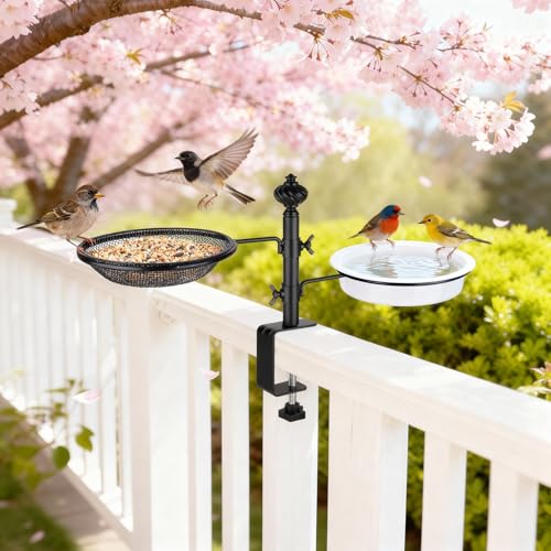 Deck Bird Feeders with Metal Tray and Water Bowl, Heavy Duty, Black | Balcony Bird Feeders, Detachable Clamp Bracket, Easy to Install & Clean, Attracting Wild Birds, Gifts for Women Men Mom Dad - style: 2 Trays