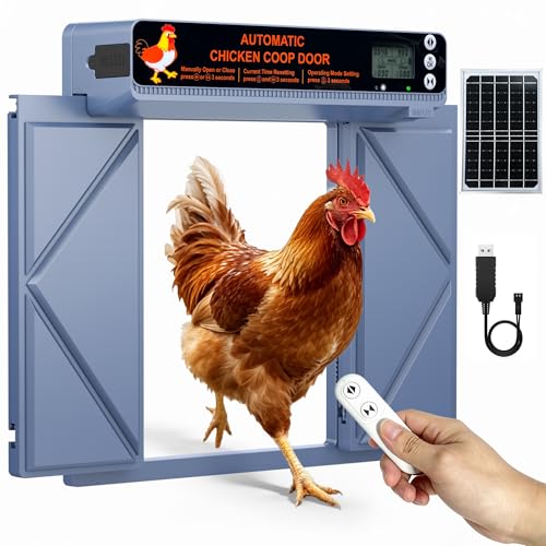 Large Automatic Chicken Coop Door Solar Powered, Anti-Pinch Auto Chicken Door with Timer, Light Sensor, LCD Display Solar Chicken Coop Automatic Door with Range 50M Remote Control