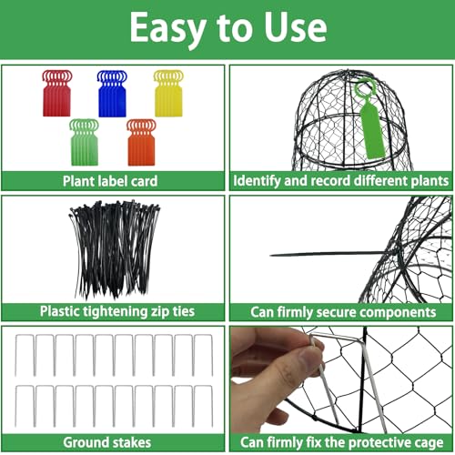 6 PCS 17.7"H X11.42"D Chicken Wire Plant Covers Protectors, Rustproof Heavy Duty Metal Plant Cage with Stakes & Labels, Modular Garden Cloches Design for Seedling Flower Vegetable Protect from Animals