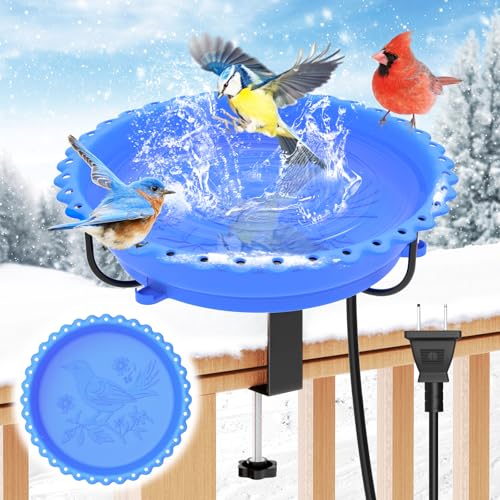 Heated Bird Bath for Outdoors,Deck Railing Heated BirdBaths,Blue | Upgraded 100W,Thermostatically Controlled,Adjustable Clamp 3.2",Easy Clean/Install,Detachable Bowl,Garden Yard Patio Lawn - color: Blue