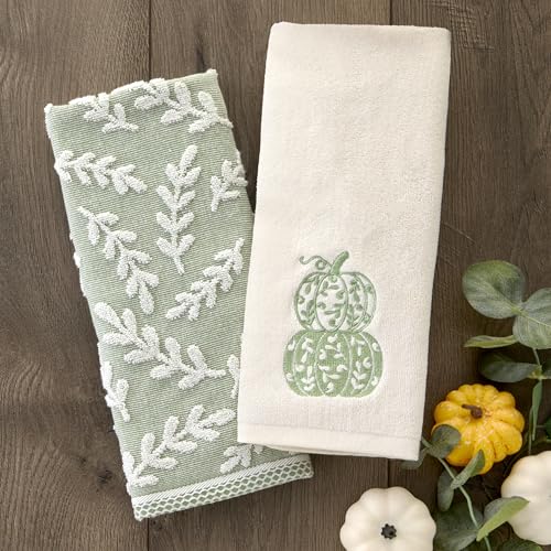 SKL Home Leaf Sprig 100% Cotton Jacquard 2pc Hand Towel Set, Reversible & Decorative for Bath/Kitchen/Bar & Gift, Sage - color: Leaf Spring, Sage
