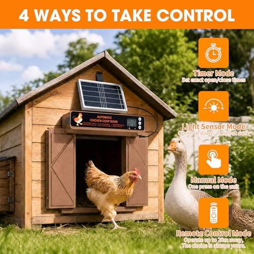 Automatic Chicken Coop Door, Solar Powered Chicken Door with Anti-Pinch Protection,LCD Screen and Weatherproof Build, Automatic Chicken Door with Timer,Light Sensor & 20 Meters Remote Control