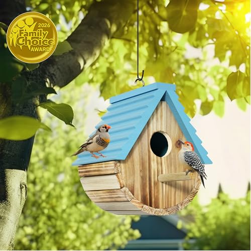 Auslar Bird Houses for Outside, Hanging Wooden Birdhouse for Outdoors, Blue | Bluebird House for Bluebirds Cardinals Finches Wrens Swallows, Bird Nesting Box with Perch & Hook, Garden Backyard Decor - style: Cylindrical
