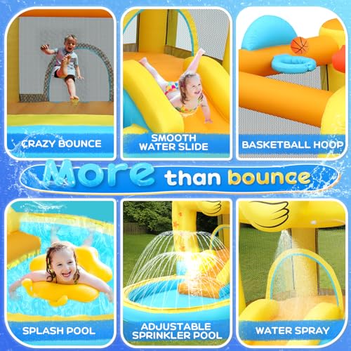 Bonnlo Inflatable Water Bounce House with Slide, Inflatable Water Slide with Sprayer and Pool, Duck Shaped Backyard Water Park for Kids Ages 3-10, Equipped with Blower, Heavy Duty