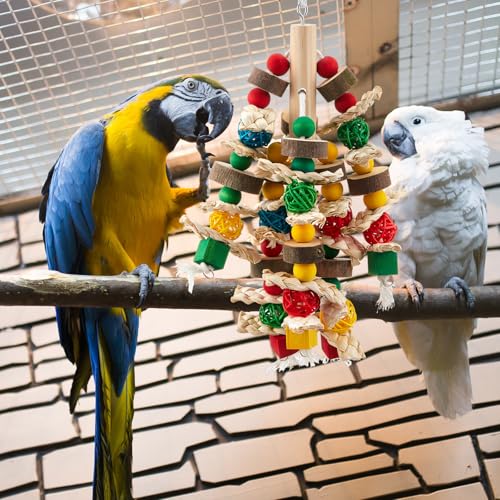Seenelling 3 Pcs Extra Large Bird Toys for Parrots, Ring and Ball | Multicolored Natural Wooden Blocks & Beads Bells, Bird Cage Chewing Toys for Large Medium Macaws African Grey Cockatoos - style: Ring and Ball