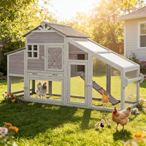 Aivituvin Chicken Coop Mobile Chicken House on Wheels, Rabbit Hutch Bunny Cage Expandable Wooden Poultry Cage with Large Nesting Box Leakproof Pull-Out Tray,UV-Resistant Roof (Grey) - color: Grey, size: AIR32