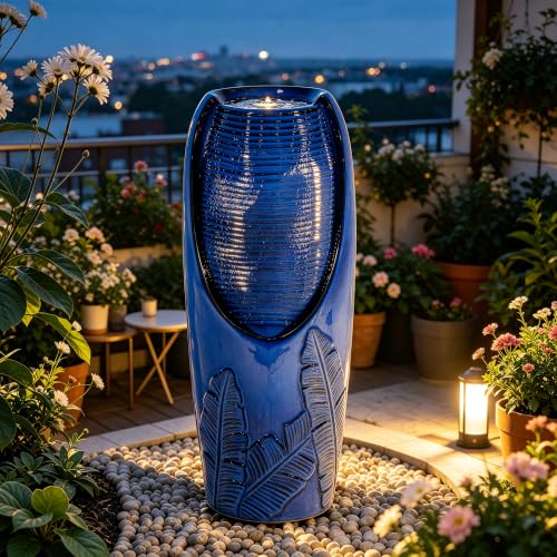 Autodaya 33" H Ceramic Jar Outdoor Water Fountain with Lights, Cobalt Blue | Natural Charm Water Feature with 3D Tropical Leaf Pattern, Soothing Cascading Waterfall for Peaceful Garden Patio Yard Porch - color: 32"h Cobalt Blue New