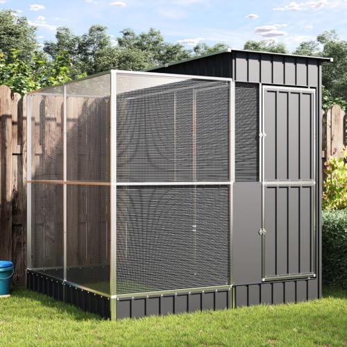 Galvanised Steel Bird Cage with Extension 82.3x79.9x85.0 in | Outdoor Aviary, Lockable Door, Steel Mesh Grid, for Parrots Rabbits Ducks Chickens - size: 82.3" x 79.9" x 85"