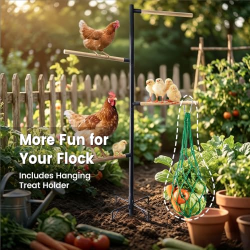 Chicken Perch Stand for Coop, 55 in Heavy Duty Poultry Roosting Stand with 5-Leg Ground Stake Base, 4 Wooden Perches, Outdoor Chicken Roost Stand for Hens & Chicks