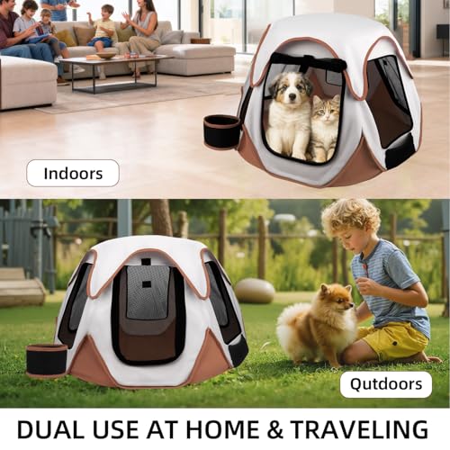 Foldable Portable Pet Playpen with Bowls,Indoor Outdoor Pet Enclosure Brown | Foldable lightweight pet tent with feeding bowls; indoor outdoor & travel camping use, fits dogs, cats, rabbits, chickens - color: brown