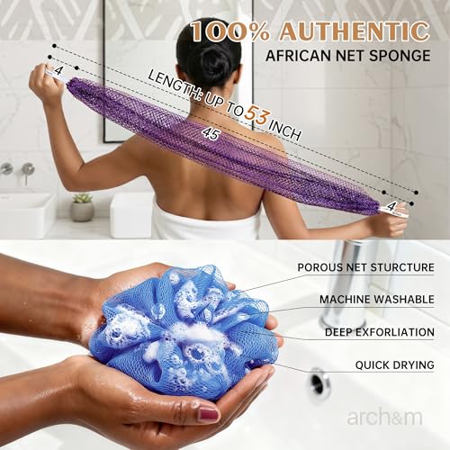 ARCH&M African Net Sponge Authentic Exfoliating Body Scrub Bath Sponge | Back Scrubber, Washcloth for Shower, Travel Toiletry Bag, Real Afroscrub Exfoliator, Bathing Accessories - color: Sky Blue