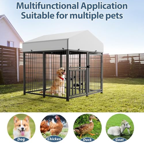 ROOMTEC Large Dog Kennel Outdoor Pet Pens Dogs Run Enclosure Animal Hutch Metal Coop Fence with Roof Cover (4'L x 4'W x 4.25'H) - size: 48.0"L x 47.0"W x 51.0"H