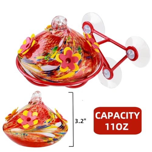 Window Hummingbird Feeder - Hand Blown Glass Mounted Hummingbird Feeder with Strong Suction Cups for Outdoor Window Mount (Red) - color: Red