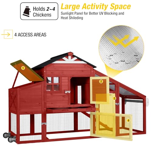 Aivituvin Chicken Coop Mobile Chicken House on Wheels, Rabbit Hutch Bunny Cage Expandable Wooden Poultry Cage with Large Nesting Box Leakproof Pull-Out Tray,UV-Resistant Roof (Red, AIR32) - color: Red, size: AIR32