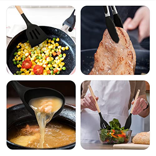 Non-Stick Silicone Cooking Utensils Set, 5 Pcs with Wooden Handle, Heat Resistant Silicone Kitchen Gadgets (Black) - color: 5 PCS Set Black