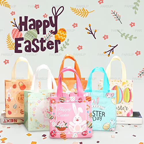 PARSUP 6PCS Happy Easter Bunny Carrot Chick Egg Hunt Gift Treat Multifunctional Non-Woven Bags with Handles,Easter Party Supplies for Gifts Wrapping, 8.3×7.9×5.9inch - color: Blue Orange Yellow Pink Green