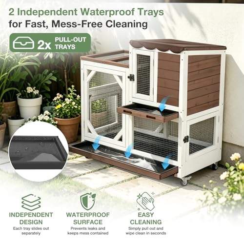 Large Rabbit Hutch Indoor Outdoor, 2-Tier Bunny Hutch with Wheels and Waterproof Roof, Wooden Guinea Pig Cage with Leak-Proof Pull-Out Trays, Multi-Door Bunny Cage for Small Animals - color: Brown-AIR7013