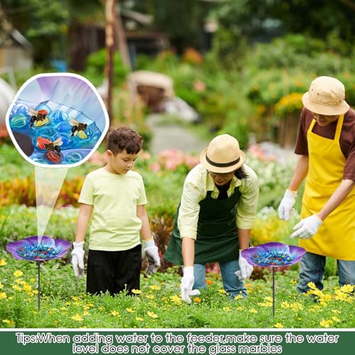 Tandefio 2 Pack Bee Watering Station Metal Butterfly Water Feeder Cup with 60 Colorful Glass Marble Vivid Flower Butterfly Bee Bath Bowl for Outdoor Garden Yard Decor(Blue Purple)