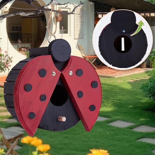 Ladybug-Shaped Wooden Bird House for Outside - Cute Hanging Birdhouse for Finches, Wrens, Cardinals, Bluebirds - Weather-Resistant Wild Bird Nesting Box - Garden Decor & Wildlife Habitat
