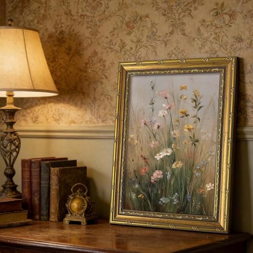 DR.RiftArt Vintage Wildflowers Wall Art, Gold Framed Rustic Floral Decor | Flower Field Meadow Landscape Painting, Canvas Prints, for Bedroom Living Room Office 12x16 inch - color: Vintage Wildflowers, size: 16"L x 12"W