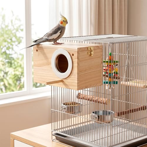 2 Pack Parakeet Nesting Box, Natural Wood Bird Nesting Box Breeding House for Budgie Lovebirds Cockatiel Finch Parrotlets - 7.7x4.7x4.7 Inches
