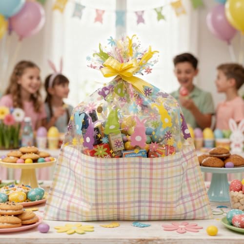 ASOEMERZ 10 Pcs Easter Basket Bags, 18"x24" Cellophane Bags for Gift Baskets with 10 Pieces Pull Bows for Small Gift Baskets, Presents, Treats, Easter Day, Party Supplies