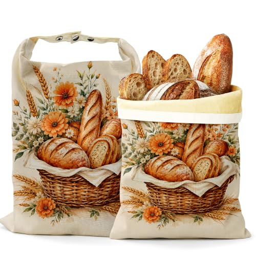 2 Pack Beeswax Basket Floral Bread Bags for Sourdough, Reusable Linen Golden Wheat Bread Bag 17x13'' Food Storage Cloth Bag Freezer-Friendly & Freshness Preservation - color: Basket Floral