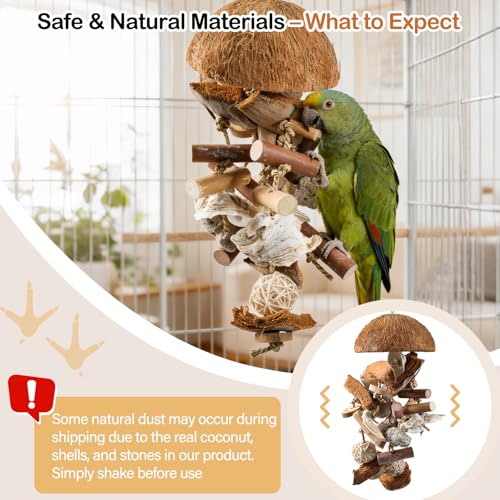 18" Natural Bird Toy for Medium & Large Parrots,Multi-Texture Chew & Forage | Coconut Shells & Lava Stones | Shred For African Greys,Cockatoos, Caiques, Quakers and Conures | Healthy Beak Exercise