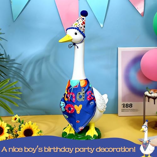 Porch Goose Statue , Large Resin Duck Figurine Indoor Outdoor Garden Decor | Geese Sculpture with Happy Birthday Outfits Set for Outside Garden Accessories Lawn Patio Yard Decor(Blue) - style: boy birthday goose