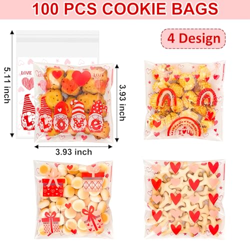 ZYLOP Valentines Cookie Bags - 100PCS 4x4 In Red Self-Sealing Valentine's Cellophane Treat Bags for Candy Snacks,Small Gifts, Clear Goodie Bags for Valentine's Day, Birthday, Party Favors - 2.8 Mil - color: Red Heart 100pcs