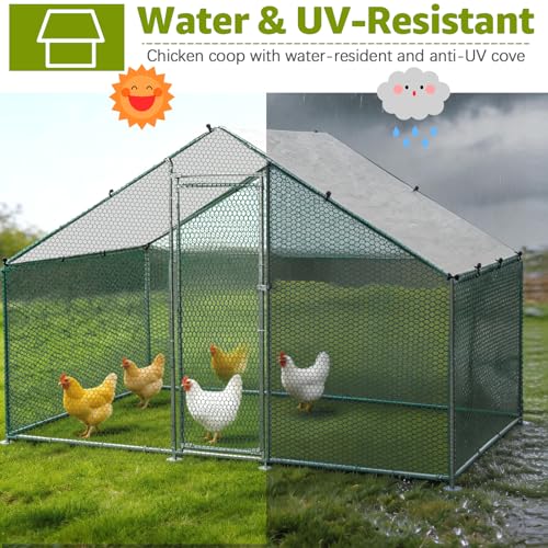 Metal Chicken Coop, 9.9 x 6.6 x 6.6 FT Large Walk-in Chicken Runs | with Cover, Spire Roof Hen House Enclosure with Security Lock, Outdoor Duck Rabbit Cage Poultry Pen for Backyard, Farm, Yard