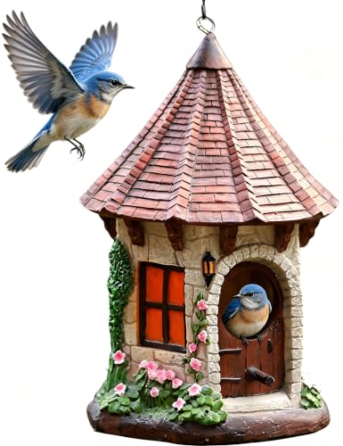 Hanging Bird House for Outside, Cone-Roof Resin Bluebird House with Hanging Chain, Waterproof & Practical Forest Bird Houses, Decorative Stone Hanging Birdhouse for Yard Garden Outdoor Decor