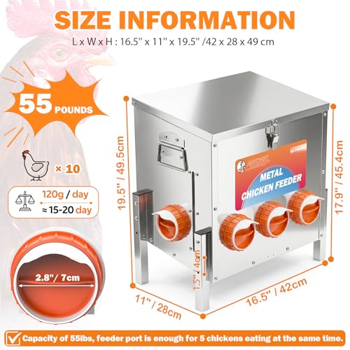 55LBS Automatic Chicken Feeder No Waste 5 Ports Metal Poultry Feeder with Adjustable Legs Perspective Window Latch & Handle for Chickens Bantams Pheasants - size: 5 Ports - 55 LBS