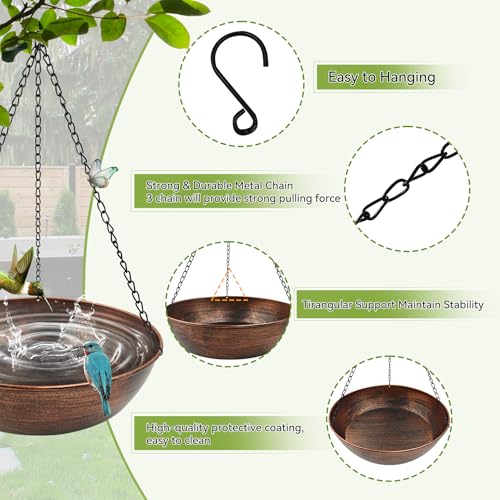 13" Metal Hanging Bird Bath with Chains and Hook | 3" Deep Bowl, 1.4Gal Capacity, 3 Chain Support, Easy Cleaning, Rust Resistant, Birdbath or Bird Feeder Garden Decor