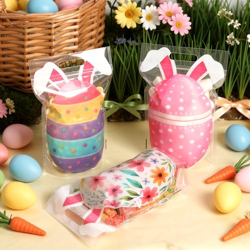PINWATT 60 Pack Easter Bunny Egg Goodie Bags, Transparent Zipper Resealable Plastic Pouches with Handles, Ideal for Easter Party Candy & Treats, Festive Supplies - size: 1 Count (Pack of 60)