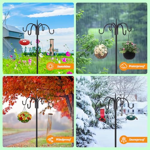 Heavy Duty Shepherds Hook 2 Pack 92" Four Hooks Adjustable (44/60/76/92") - Metal 5-Prong Base, 17lb Capacity - Easy Assembly Bird Feeder Pole for Hanging Planters, Lanterns, Wind Chimes - color: 2-Pack, size: 92" Quadruple Hook