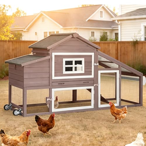Chicken Coop with Run and Wheels Outdoor Poultry Hen House with Slide-Out Tray Chicken Cage Weatherproof Roof Predator-Proof for Backyard Brown
