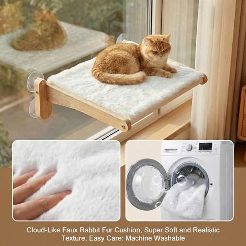 Cat Window Perch with Bird Feeder – Foldable Hammock, Strong Suction Cups for Indoor Cats (Nature-2) - color: Nature-2