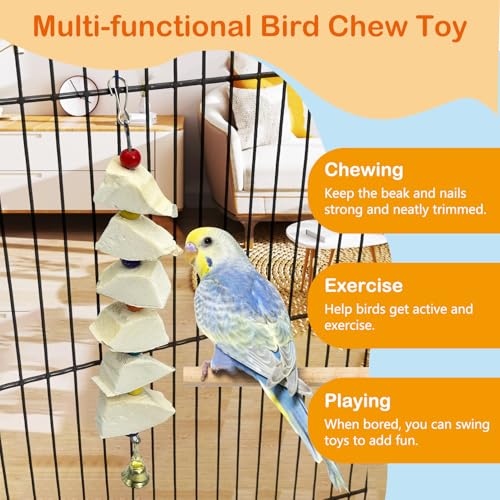 3 Pack Bird Chewing Toy Cuttlebone Parrot Toy with Bell Hanging Bird Beak Grinding Stone Parakeet Cage Accessories for Small & Medium Budgies Lovebirds Cockatiels (Block, 6 Per Skewer) - size: 6 Blocky