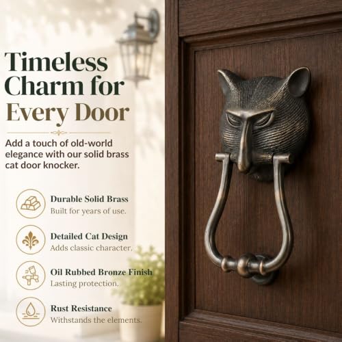 Brass Pharaoh Cat Head Front Door Knocker 8.4" H Oil Rubbed Bronze Finish Loud Entry Door Metal Knockers for Animal Cat Lovers Includes Mounting Hardware Renovators Supply Manufacturing - color: Bronze Cat head