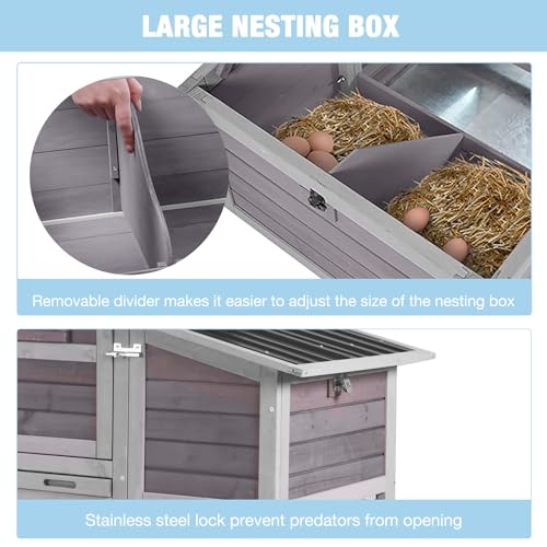 Large Chicken Coop with Run, 80.5’’ Chicken Tractor with Wheels, Wooden Hen House Poultry Cage with Plastic Waterproof Roof and Nesting Box, Leakproof Pull-Out Tray - color: Grey, size: 80.5"L x 21.2"W x 42.5"H