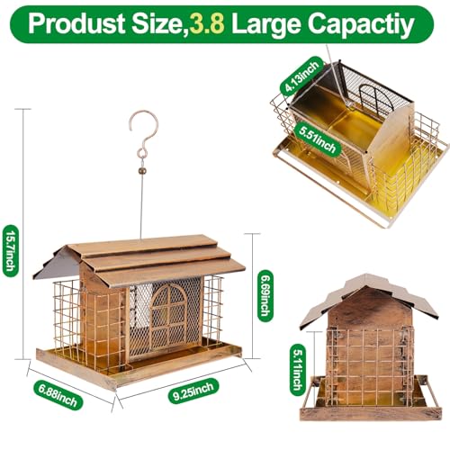 Bird Feeder for Outdoors, Metal Bird Feeder Hanging, 3.8LB Large Capacity with Double Suet Cages, Rainproof Roof, Attracts Cardinals, Finches, Blue Jays, for Backyard & Garden