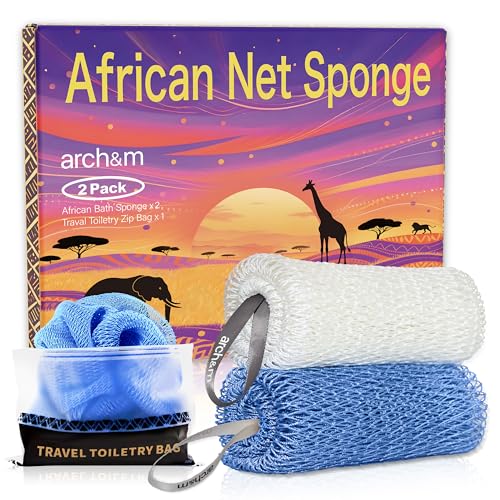 ARCH&M Authentic African Net Sponge with Knots 53", 2 Pack | Exfoliating Bath & Shower Loofah, Daily Use, Extra-Long Back and Body Scrubber, For Women and Men - color: Off White + Sky Blue