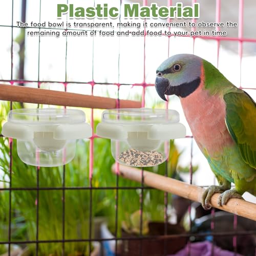 PINVNBY 4 PCS Bird Food Bowl Bird Cage Feeder with Clamp, Easy to Install Feeding Dish Cups Transparency Parakeet Food Dish for Finches Lovebirds and Long-Tailed Parrots （White） - color: white